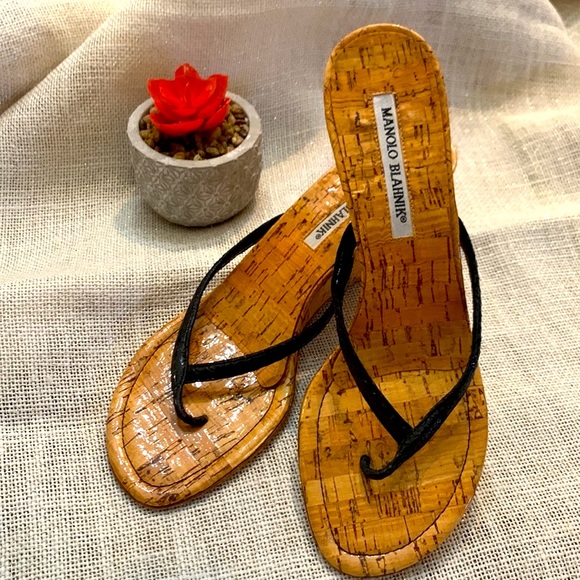 Manolo Blahnik Shoes - Manolo Blahnik Black Tong Wedge Sandal Size EU 37.5